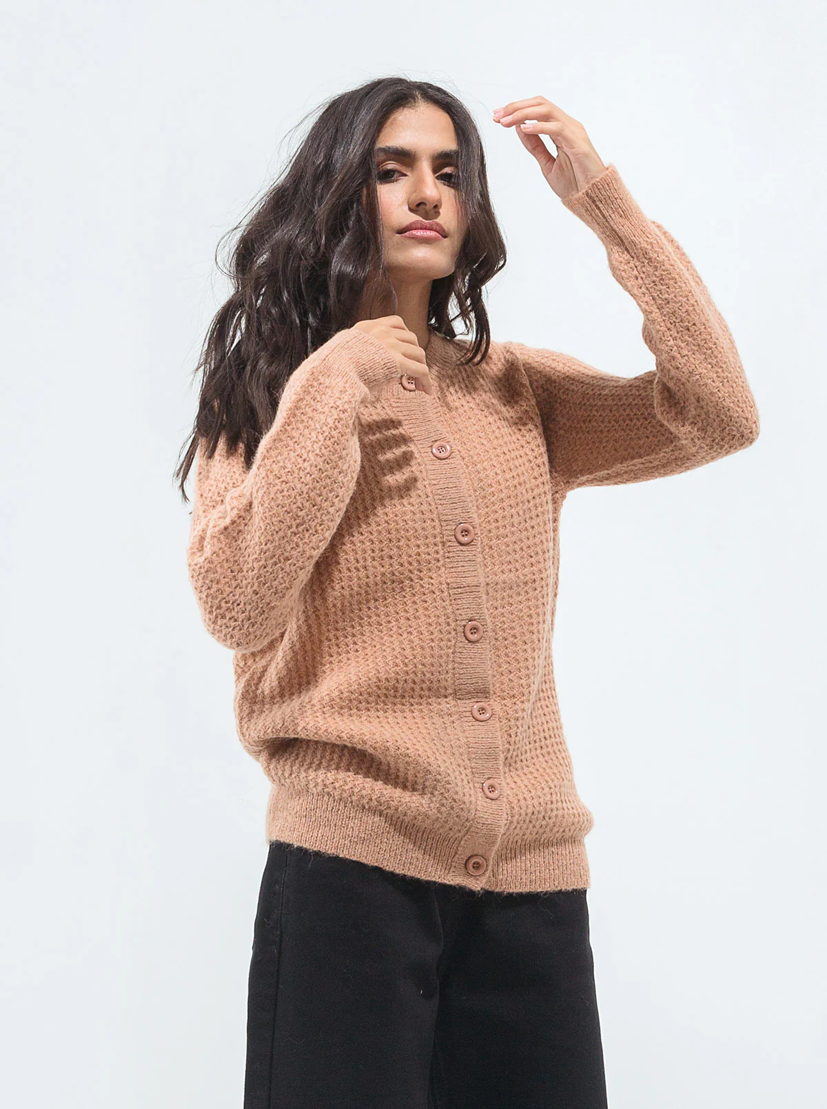 SALMON BROWN WAFFLE KNIT CARDIGAN - Image 2