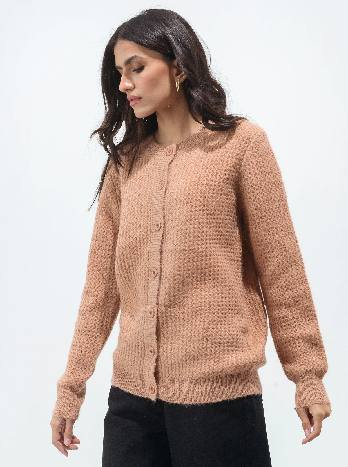 SALMON BROWN WAFFLE KNIT CARDIGAN - Image 3