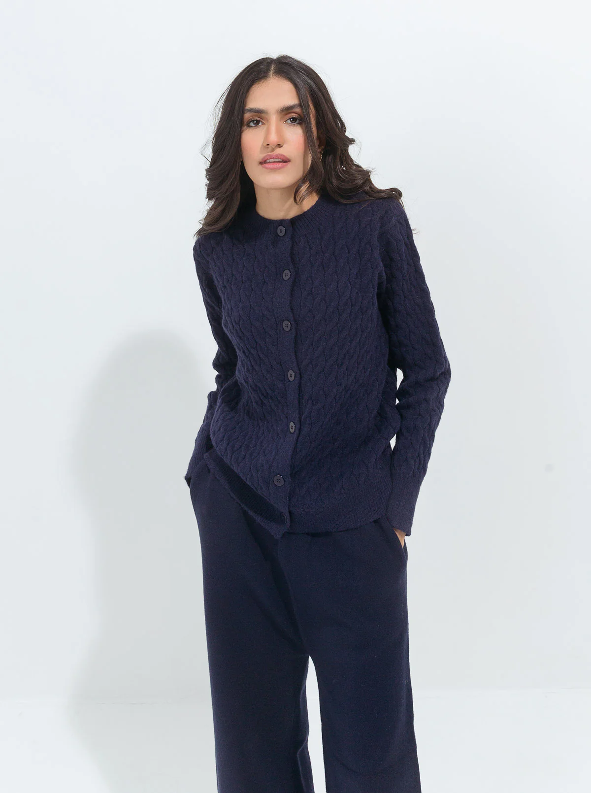 NAVY BLUE CABLE KNIT CARDIGAN - Image 2