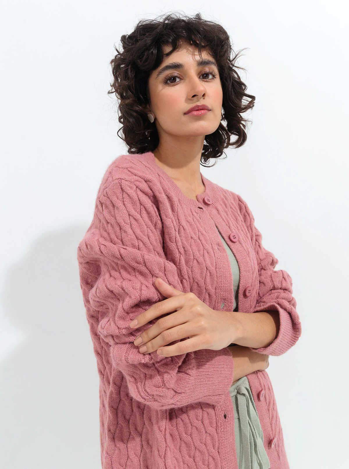 TEA PINK CABLE KNIT CARDIGAN - Image 3