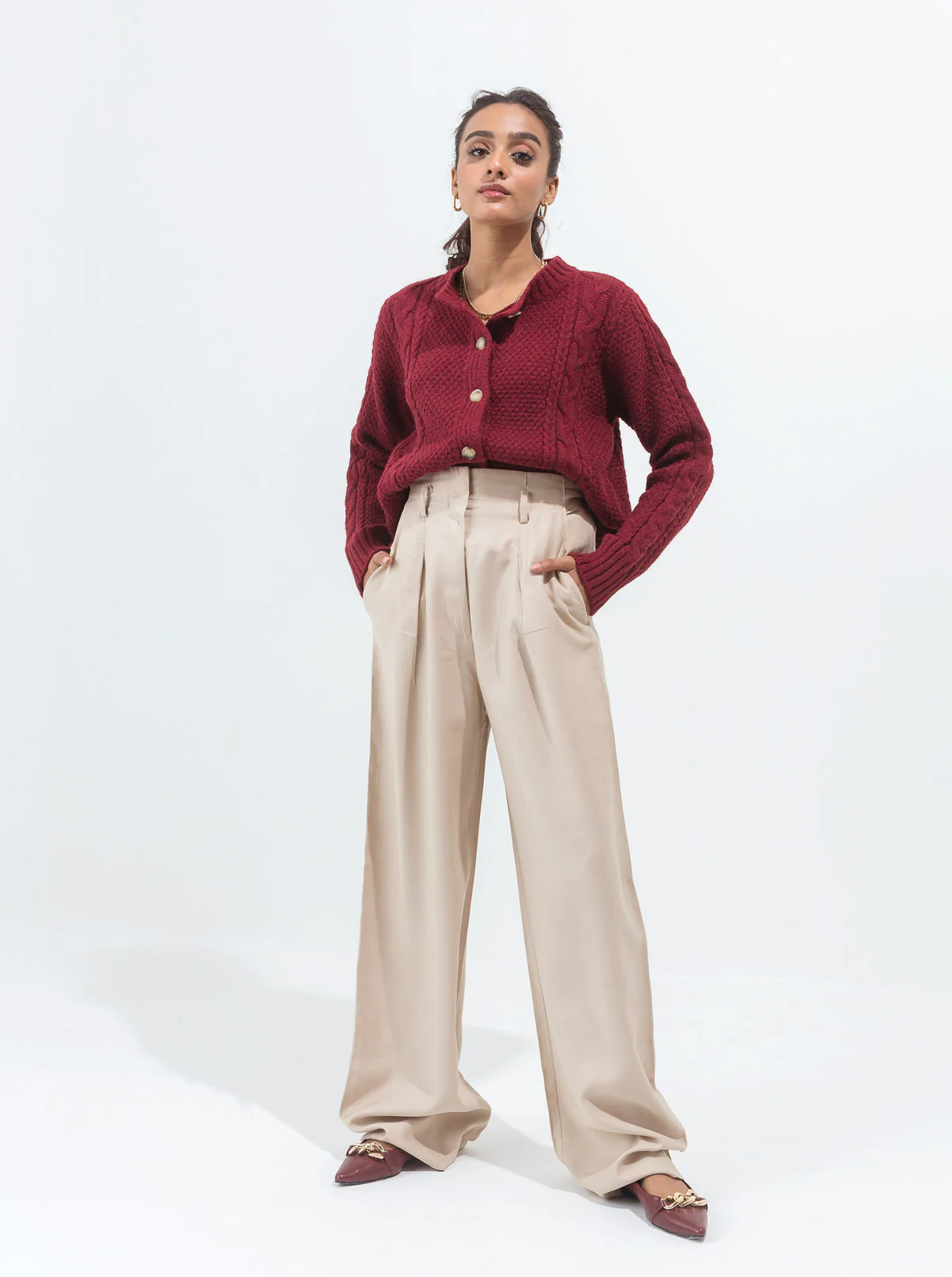 MAROON COMBINATION CABLE KNIT CARDIGAN - Image 2