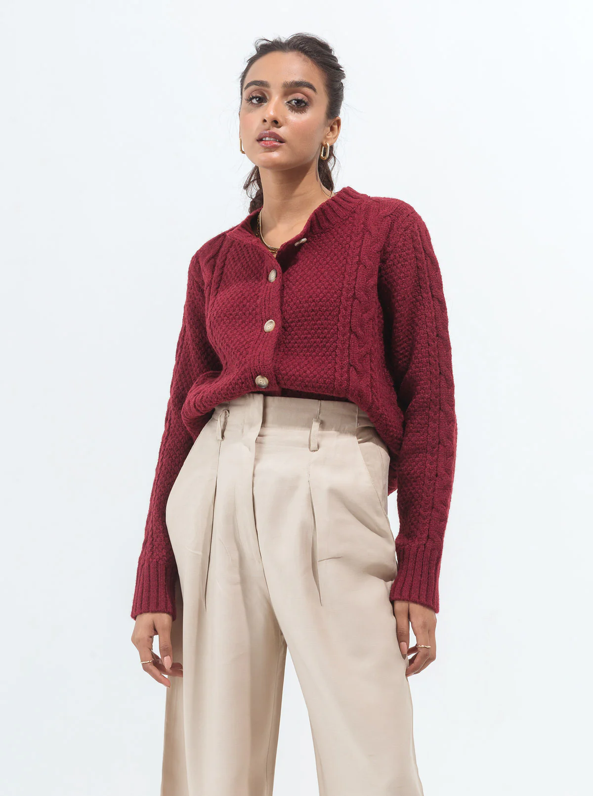 MAROON COMBINATION CABLE KNIT CARDIGAN - Image 3