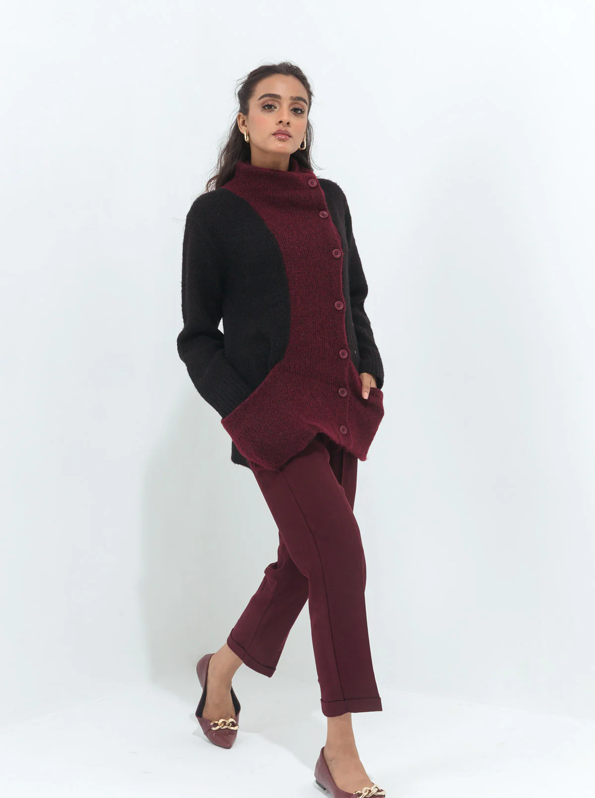 BLACK & MAROON COLOR BLOCK CARDIGAN - Image 2