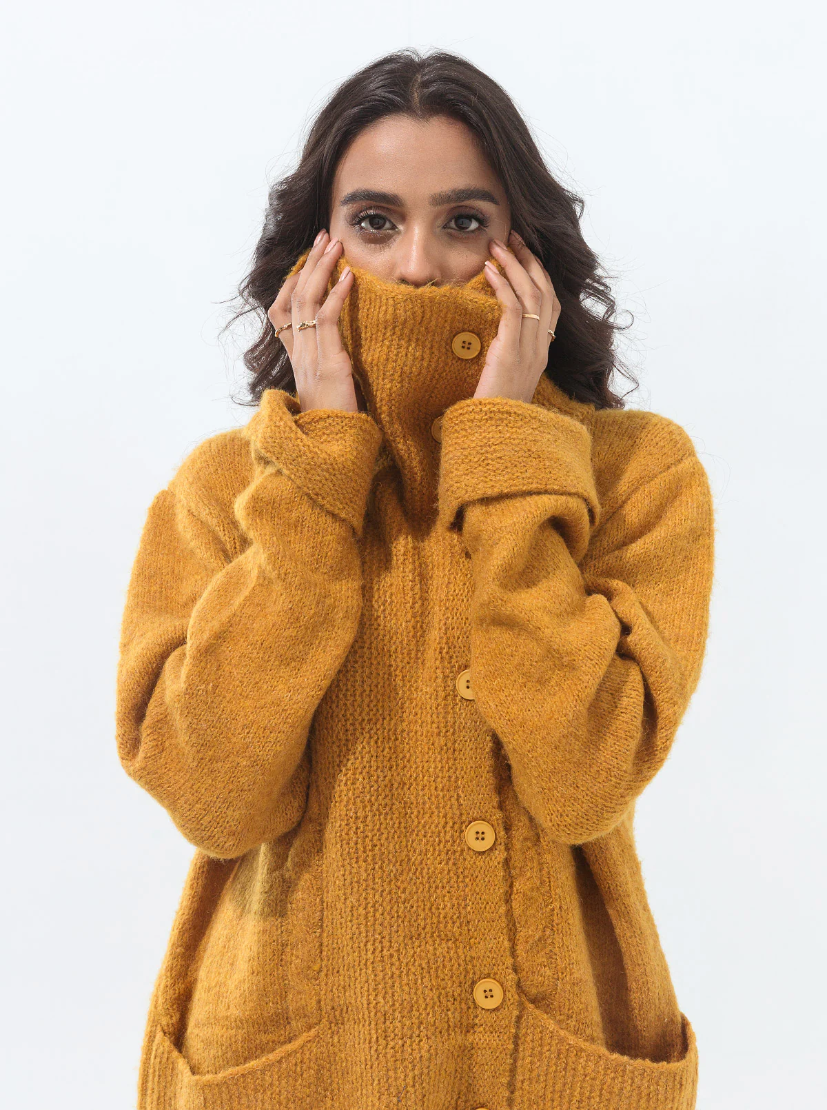 MUSTARD ASYMMETRICAL COLLAR CABLE KNIT CARDIGAN - Image 2