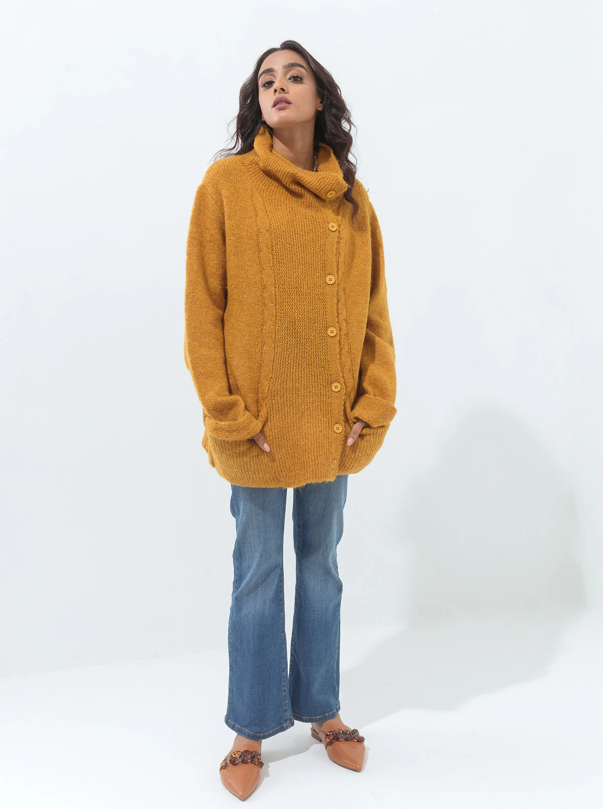 MUSTARD ASYMMETRICAL COLLAR CABLE KNIT CARDIGAN - Image 3