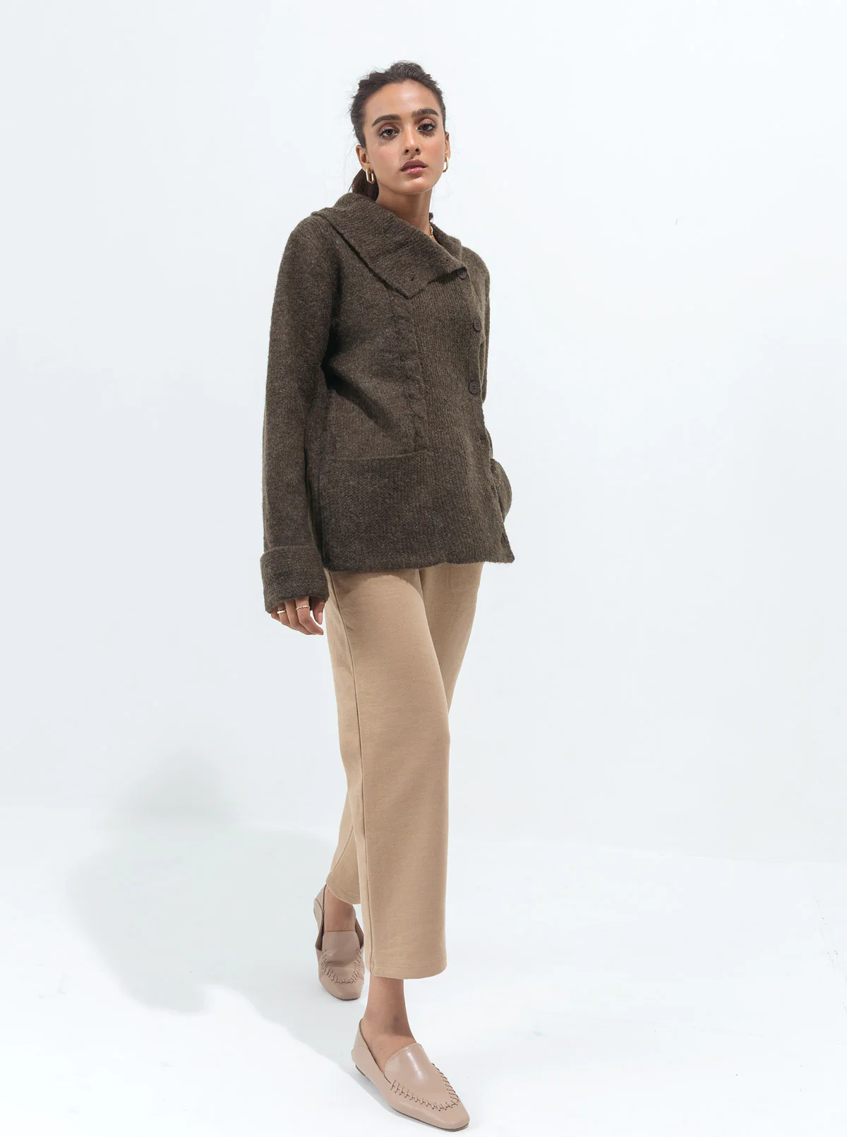 DARK OLIVE ASYMMETRICAL COLLAR CABLE KNIT CARDIGAN - Image 2