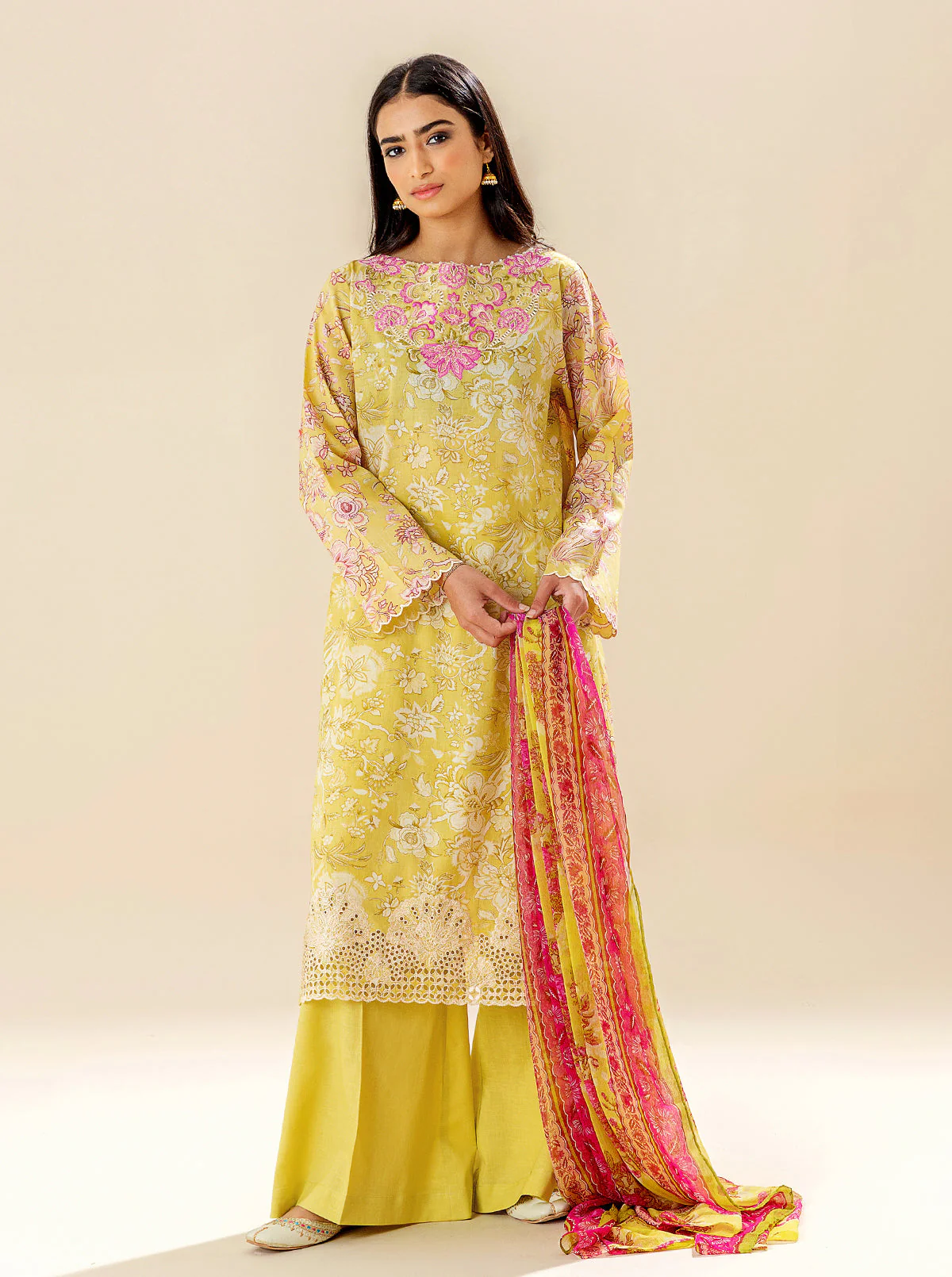3 PIECE EMBROIDERED LAWN SUIT - LIME DECOR (UNSTITCHED) - Image 3