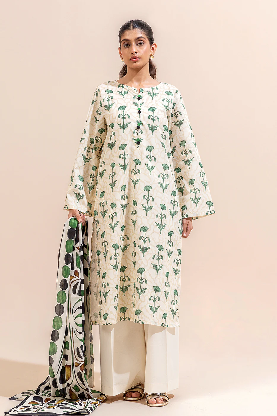 3 PIECE PRINTED LAWN SUIT-CREAMY GLAZE (UNSTITCHED) - Image 3