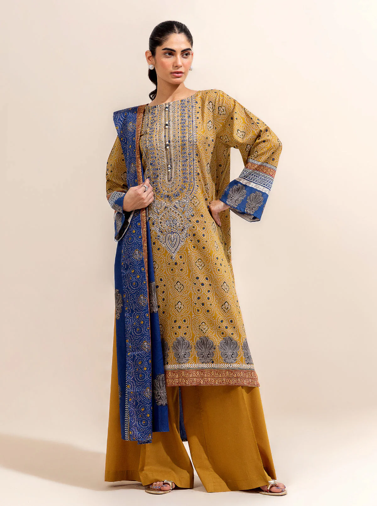 3 PIECE EMBROIDERED LAWN-OLD GOLD (UNSTITCHED) - Image 4