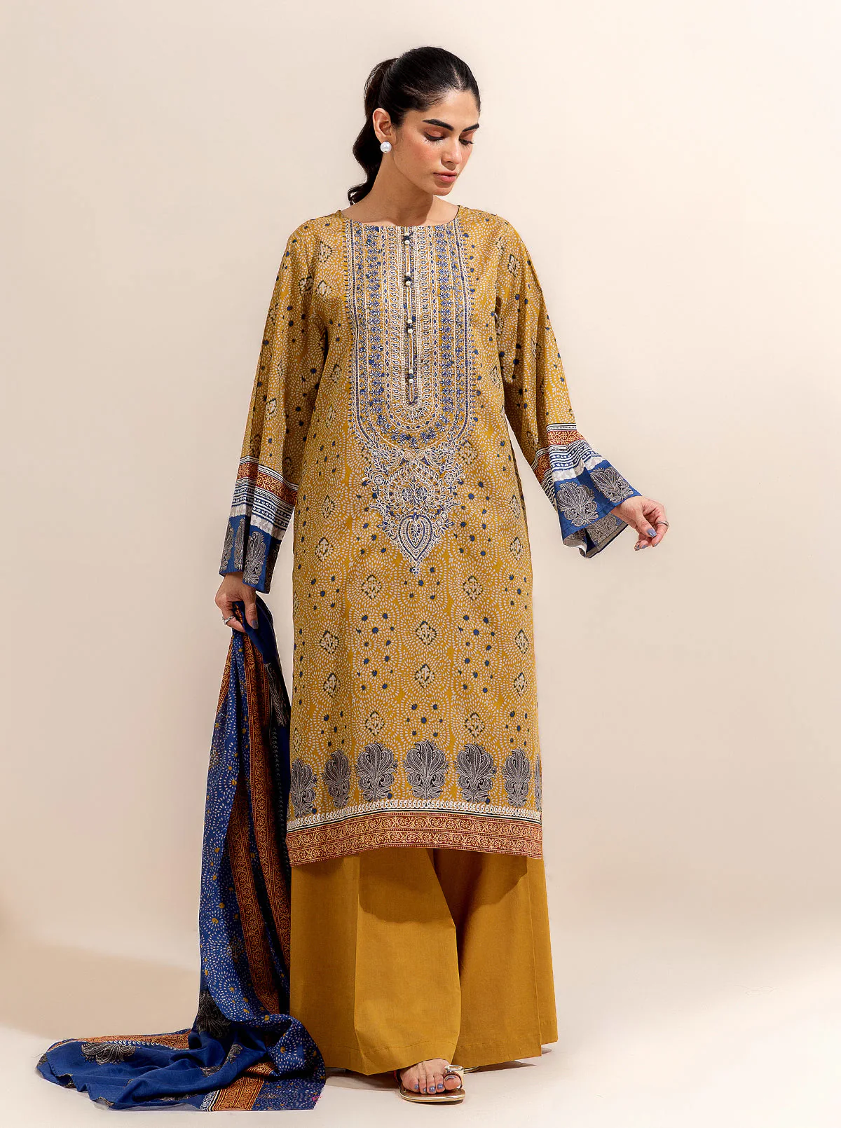 3 PIECE EMBROIDERED LAWN-OLD GOLD (UNSTITCHED) - Image 5