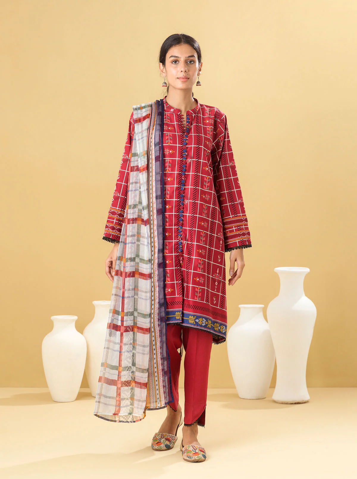 2 PIECE - PRINTED LAWN SUIT - SCARLET GRID - Image 2