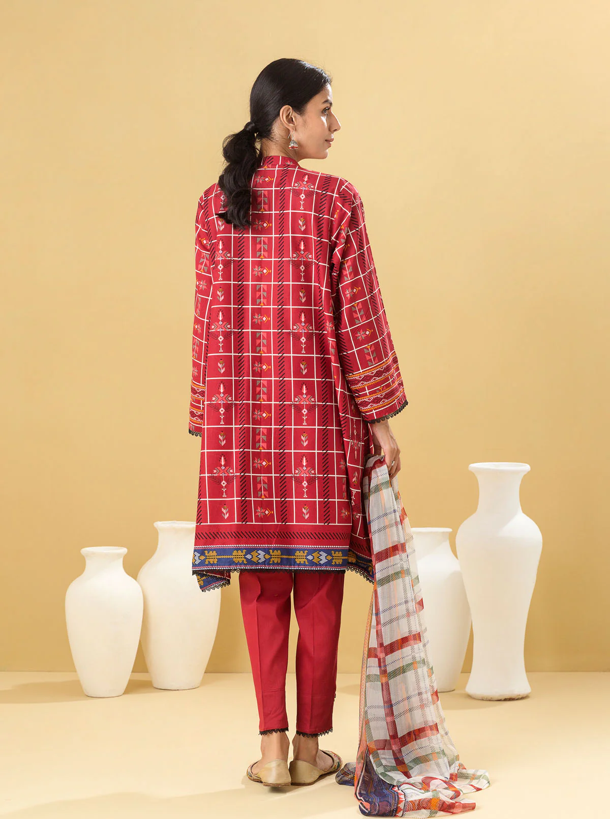2 PIECE - PRINTED LAWN SUIT - SCARLET GRID - Image 6