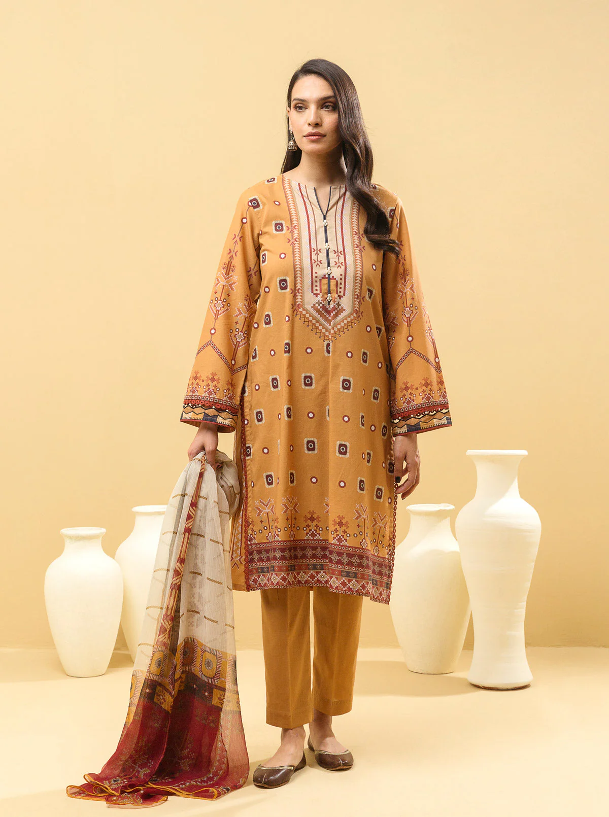 2 PIECE - PRINTED LAWN SUIT - MUSTARD MAZE - Image 3