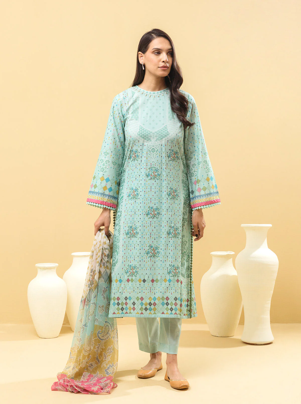 3 PIECE - PRINTED LAWN SUIT - SUMMER LRIDESCENT - Image 4