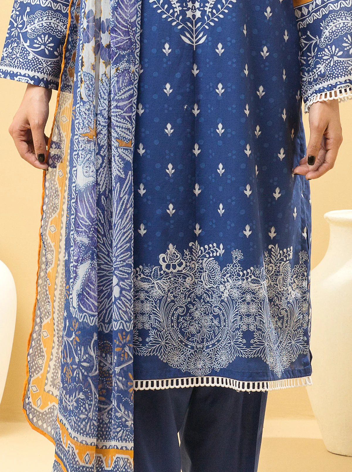 3 PIECE - PRINTED LAWN SUIT - CLASSIC BLUE - Image 2