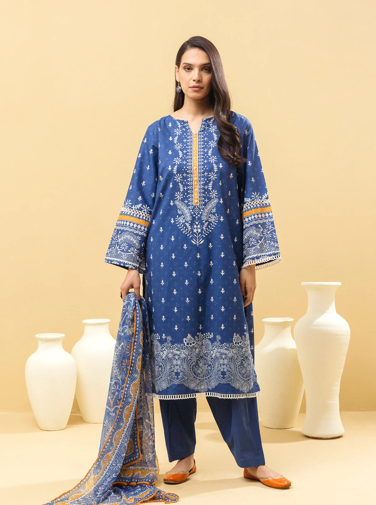 3 PIECE - PRINTED LAWN SUIT - CLASSIC BLUE - Image 3