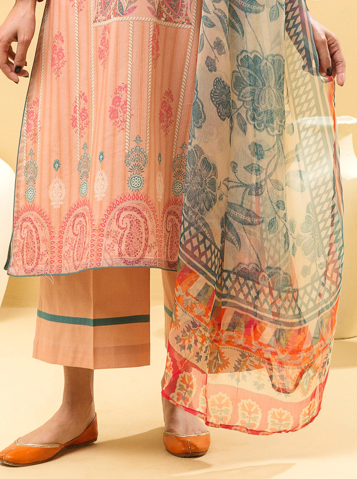 3 PIECE - PRINTED LAWN SUIT - PEACHY BLUSH - Image 2