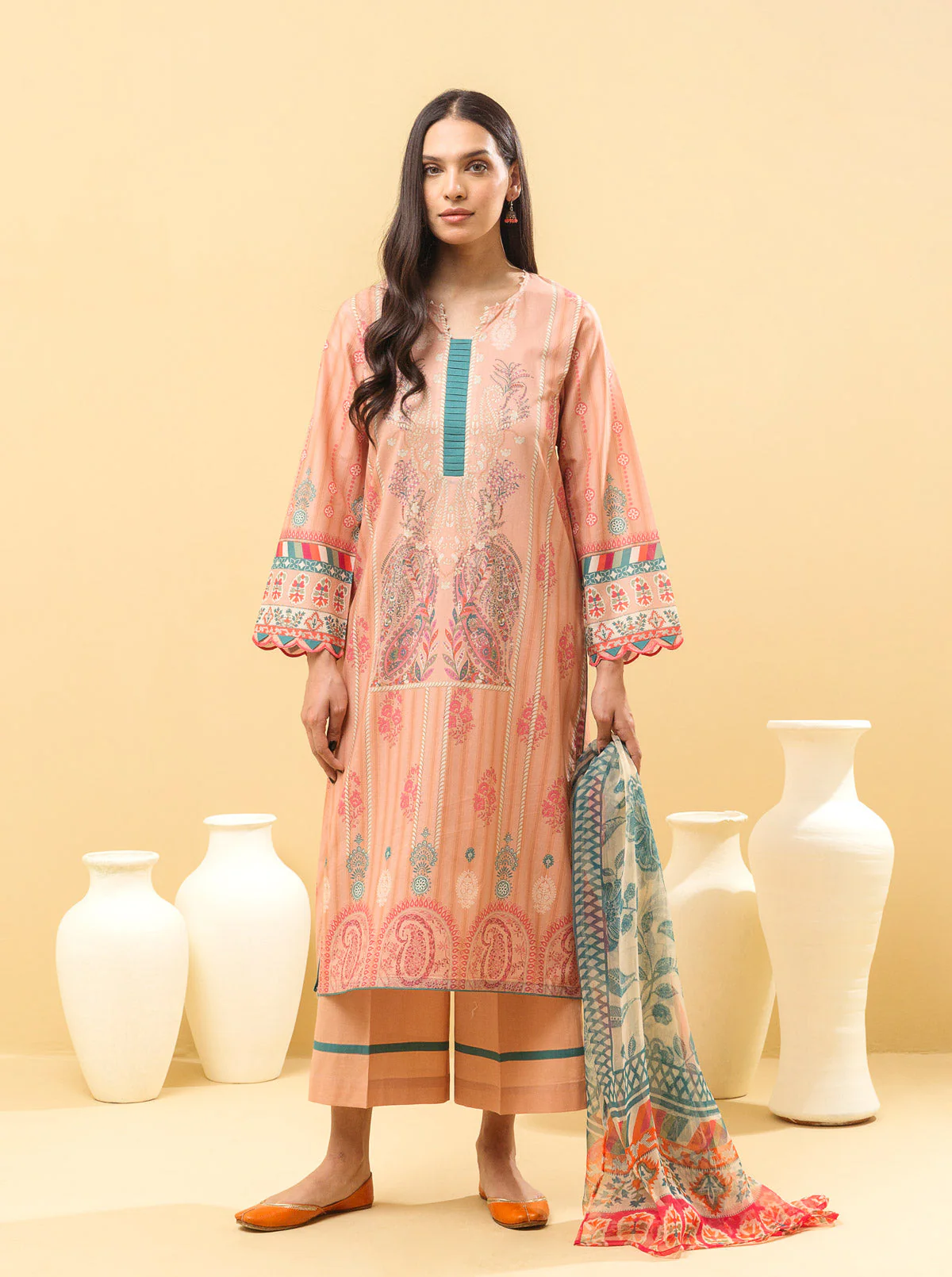 3 PIECE - PRINTED LAWN SUIT - PEACHY BLUSH - Image 3