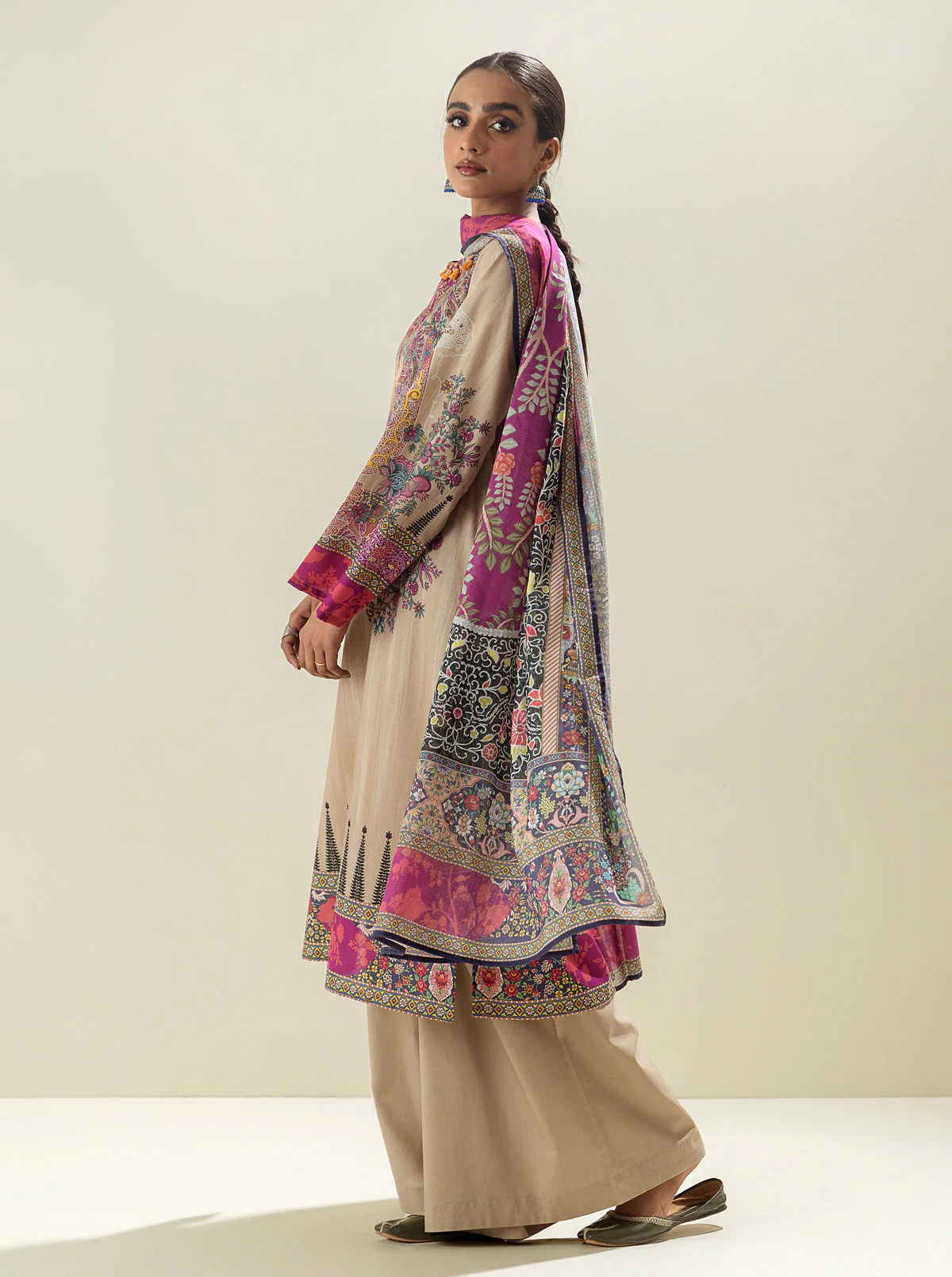 3 PIECE - PRINTED LAWN SUIT - ROYALTY BEIGE - Image 2