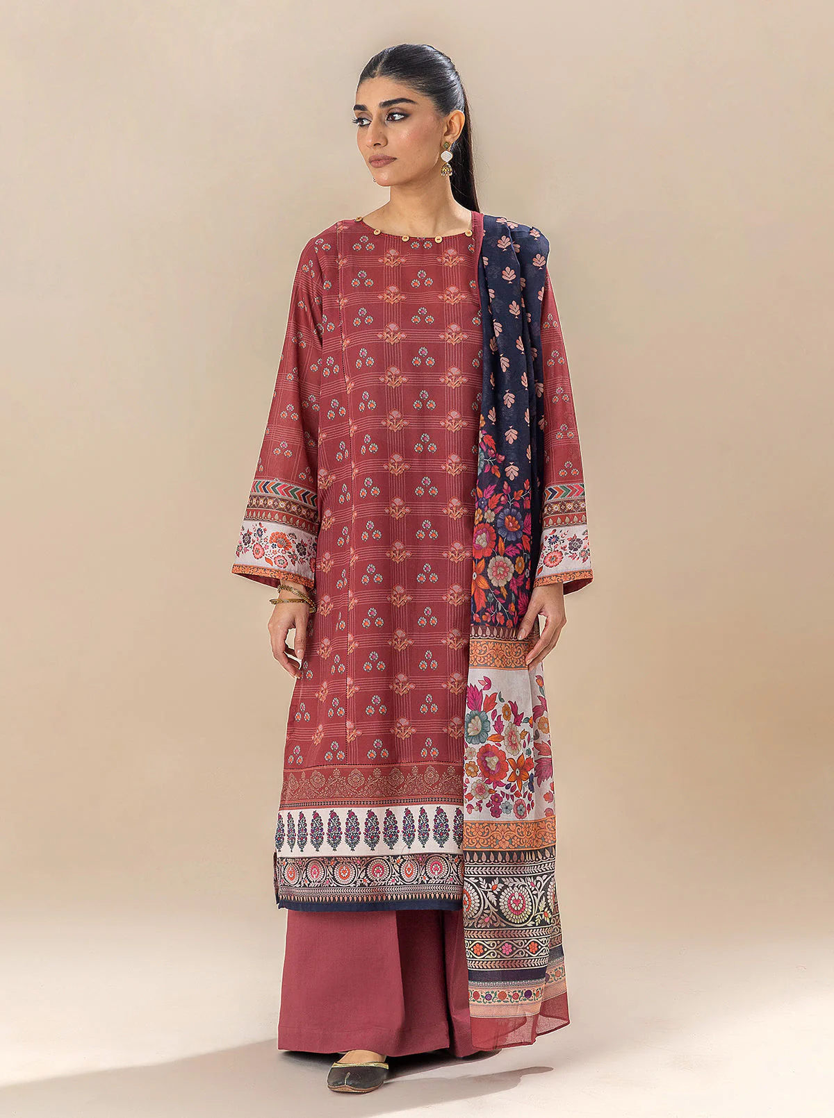 3 PIECE PRINTED LAWN SUIT-ROYALTY RED (UNSTITCHED) - Image 5