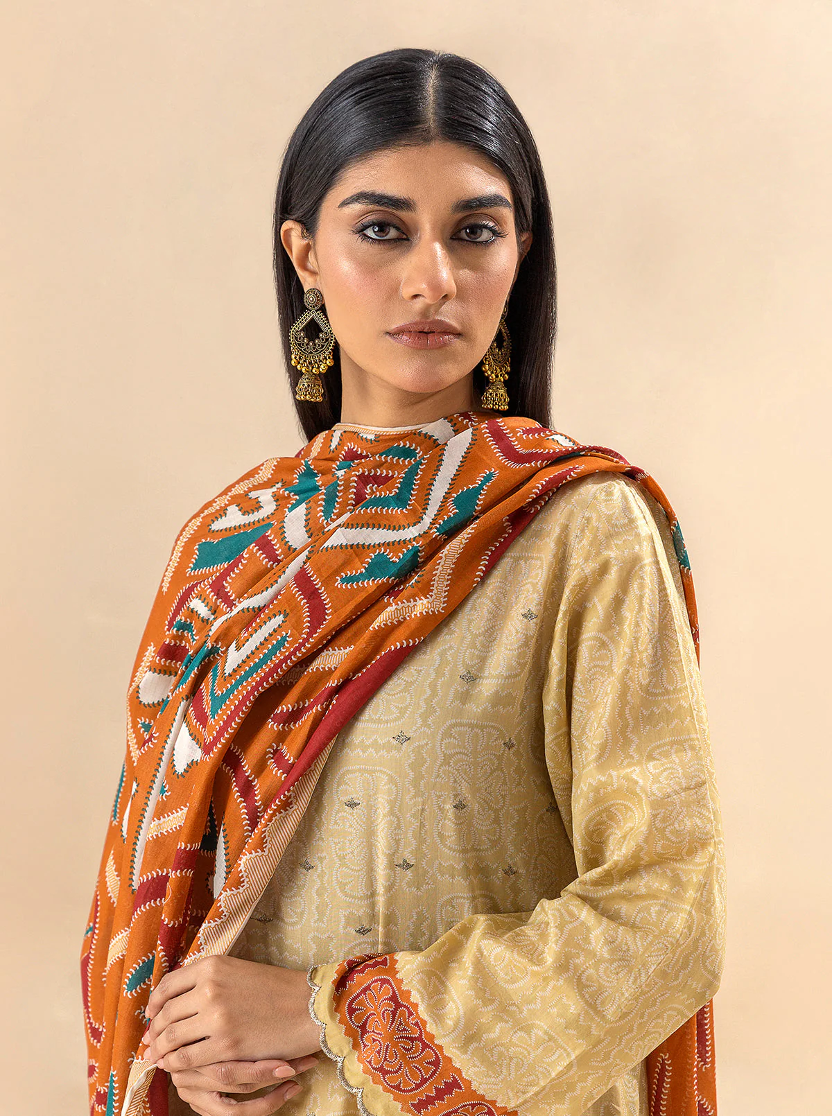 3 PIECE EMBROIDERED LAWN SUIT-OCHRE VOOM (UNSTITCHED) - Image 2