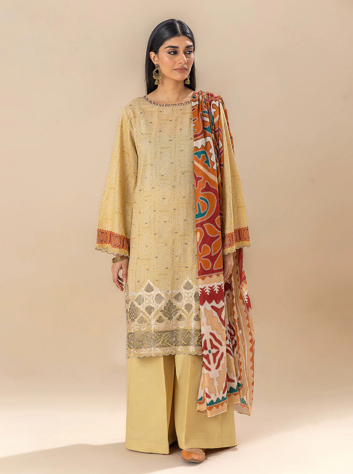 3 PIECE EMBROIDERED LAWN SUIT-OCHRE VOOM (UNSTITCHED) - Image 3
