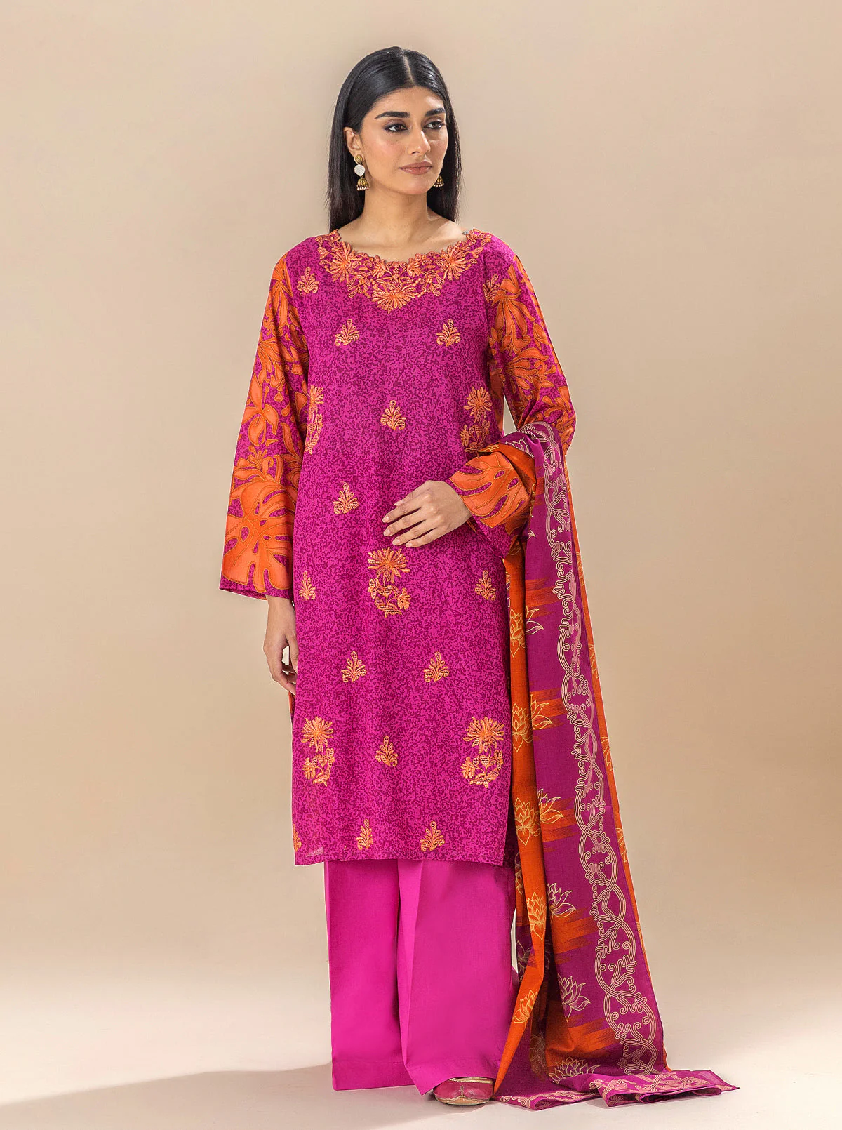 3 PIECE EMBROIDERED LAWN SUIT-VIVID FUSCHIA (UNSTITCHED) - Image 3