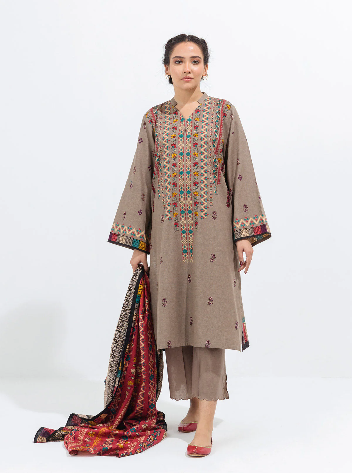 3 PIECE - PRINTED KHADDAR SUIT - TAUPE HUES - Image 5