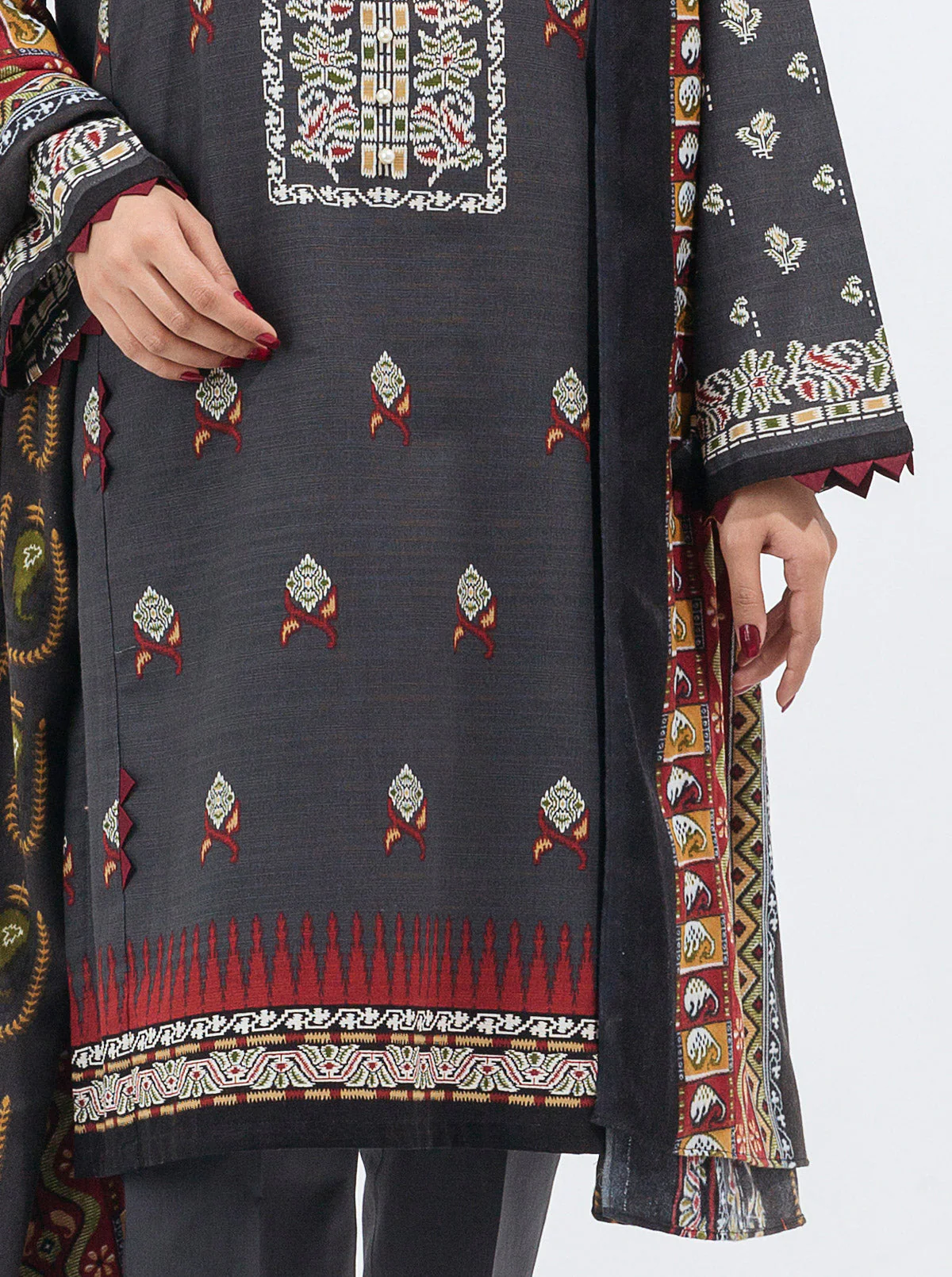 3 PIECE - PRINTED WITH SHAWL KHADDAR SUIT - GLORIOUS GREY - Image 2