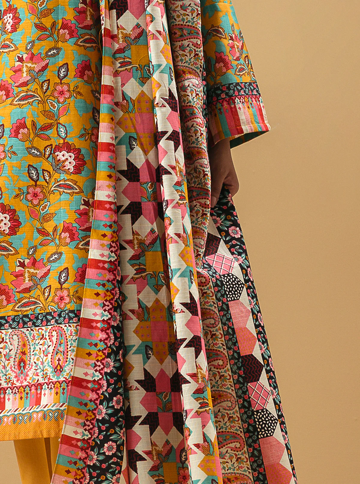 2 PIECE - PRINTED KHADDAR SUIT - YELLOW PEONIES - Image 3