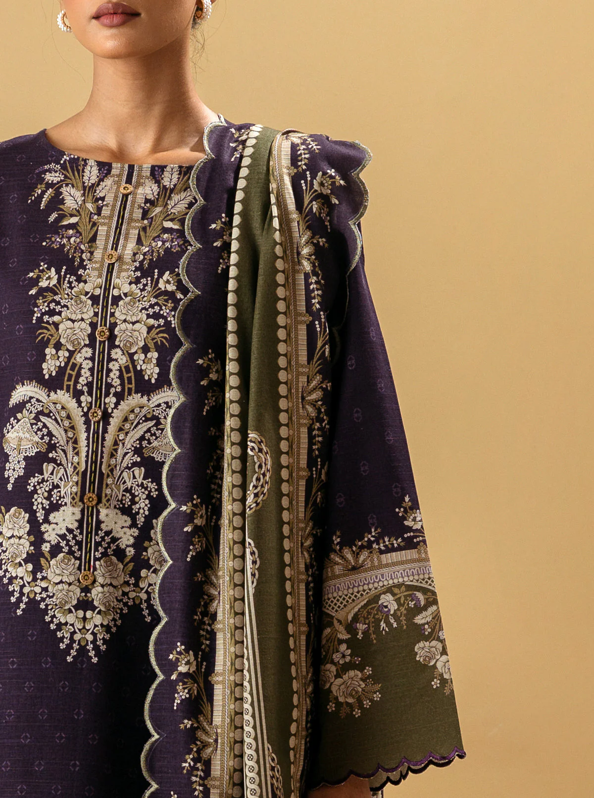 3 PIECE - PRINTED KHADDAR SUIT - BYZANTINE OLIVE - Image 3