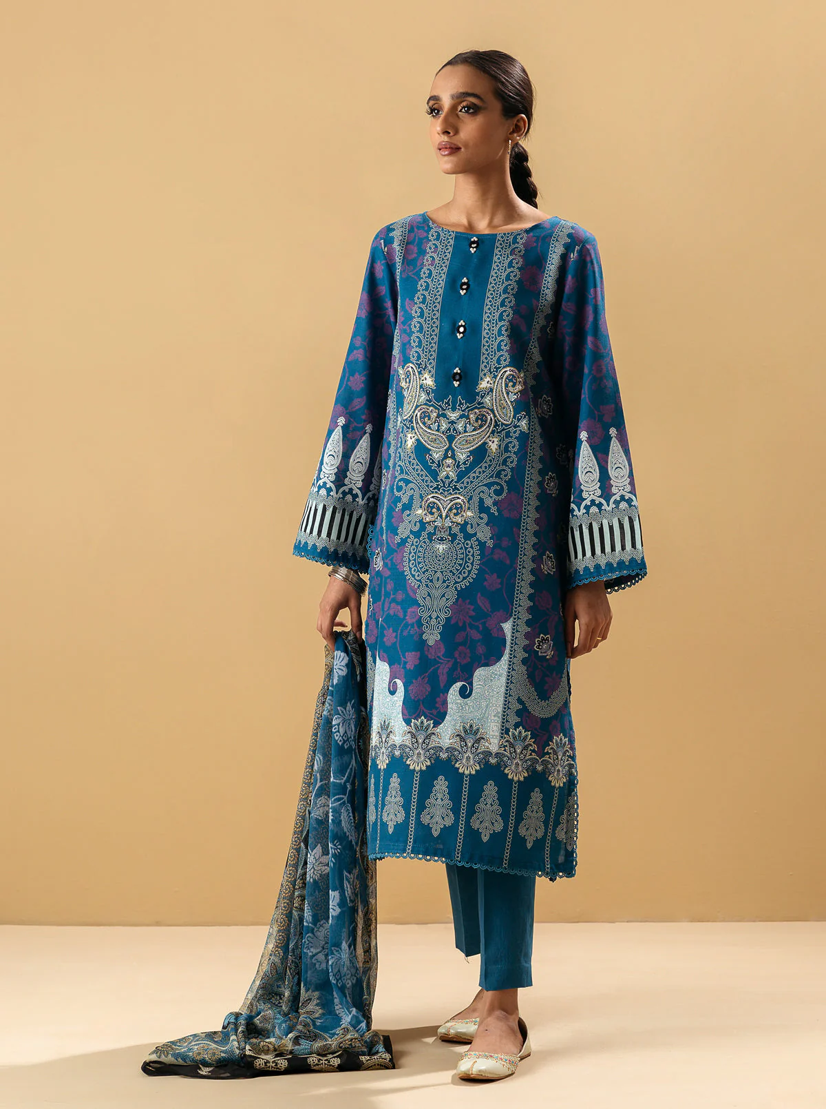 3 PIECE - PRINTED KHADDAR SUIT - BLUE PEACOCK - Image 3