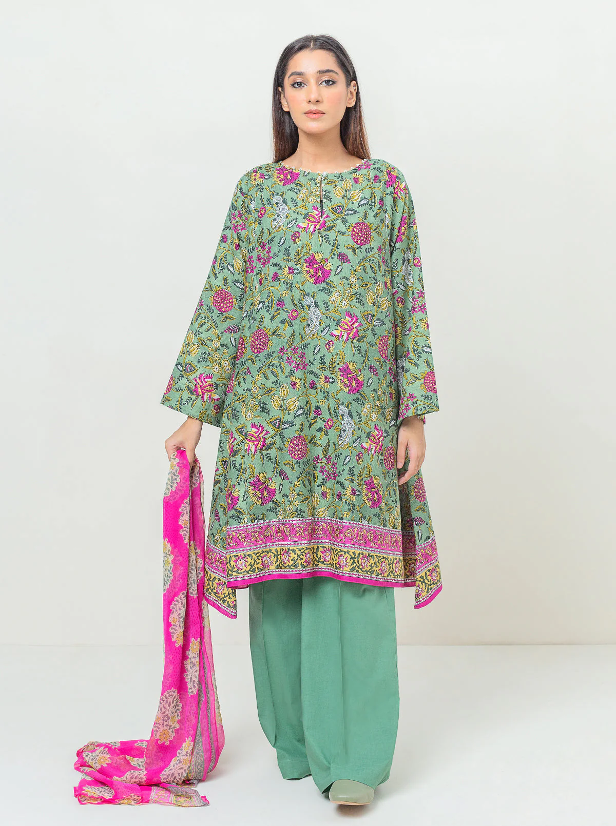 3 PIECE - PRINTED KHADDAR SUIT - FADED ROSE - Image 2
