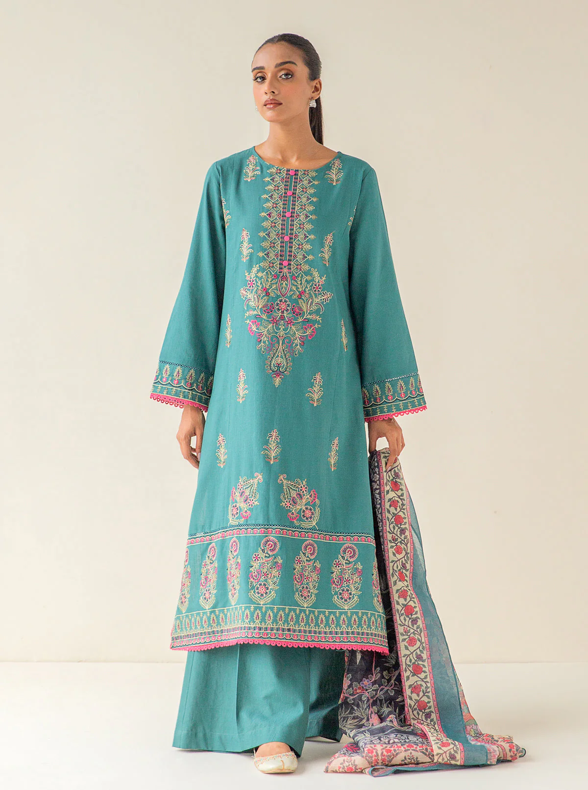 3 PIECE - EMBROIDERED KHADDAR SUIT - REAL TEAL - Image 2