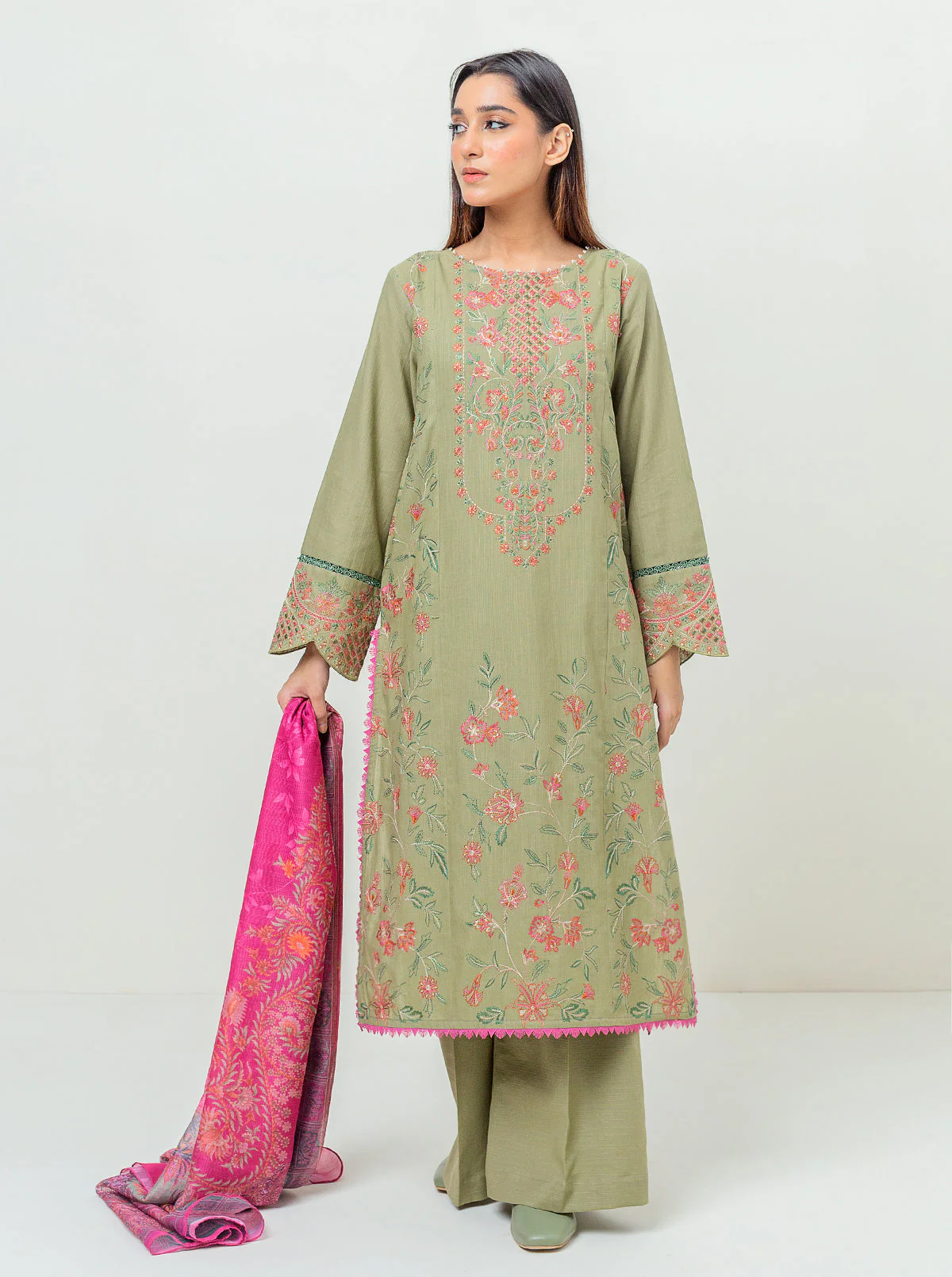 3 PIECE - EMBROIDERED KHADDAR SUIT - OLIVE EDEN - Image 2