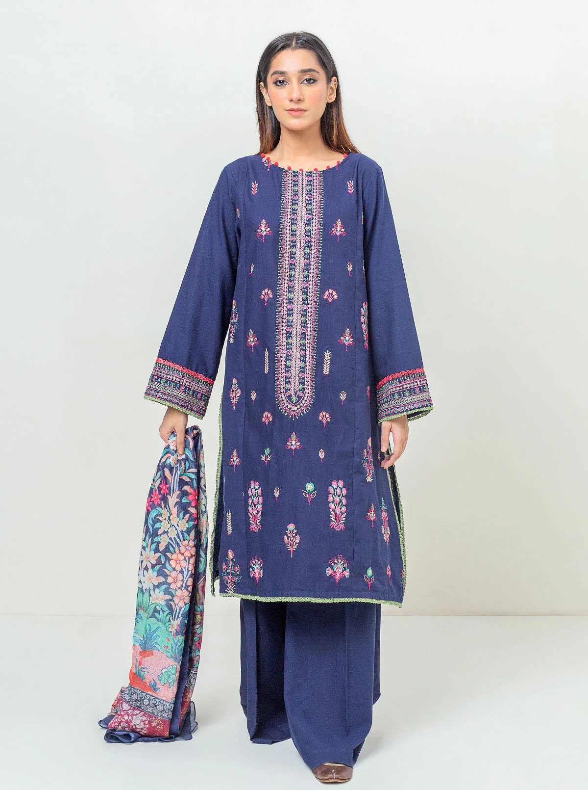 3 PIECE - EMBROIDERED KHADDAR SUIT - DARK FANTASY - Image 2