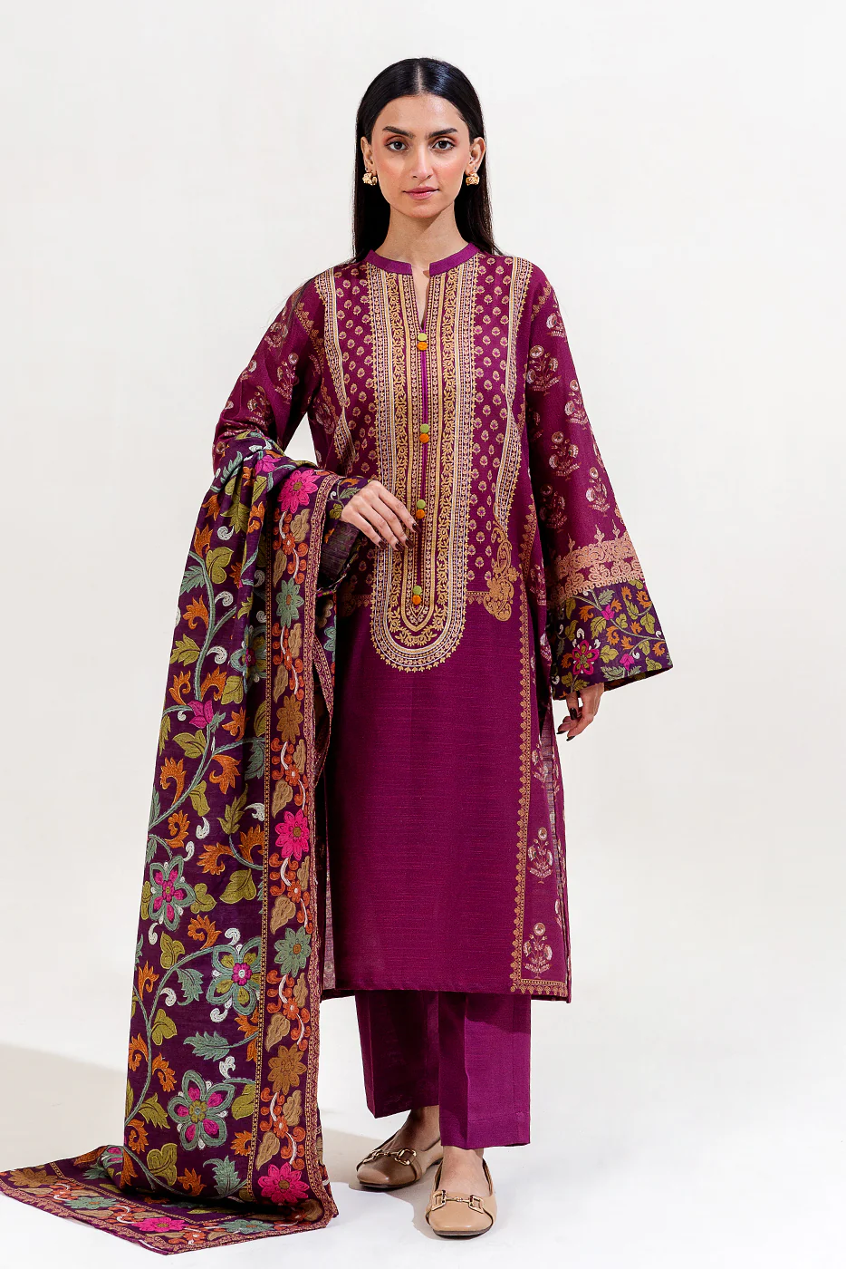 3 PIECE PRINTED KHADDAR SUIT-SANGRIA MIST (UNSTITCHED) - Image 3
