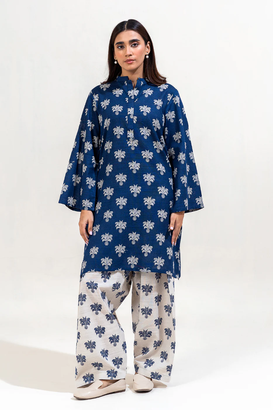 2 PIECE PRINTED KHADDAR SUIT-NAVY PINES (UNSTITCHED) - Image 2