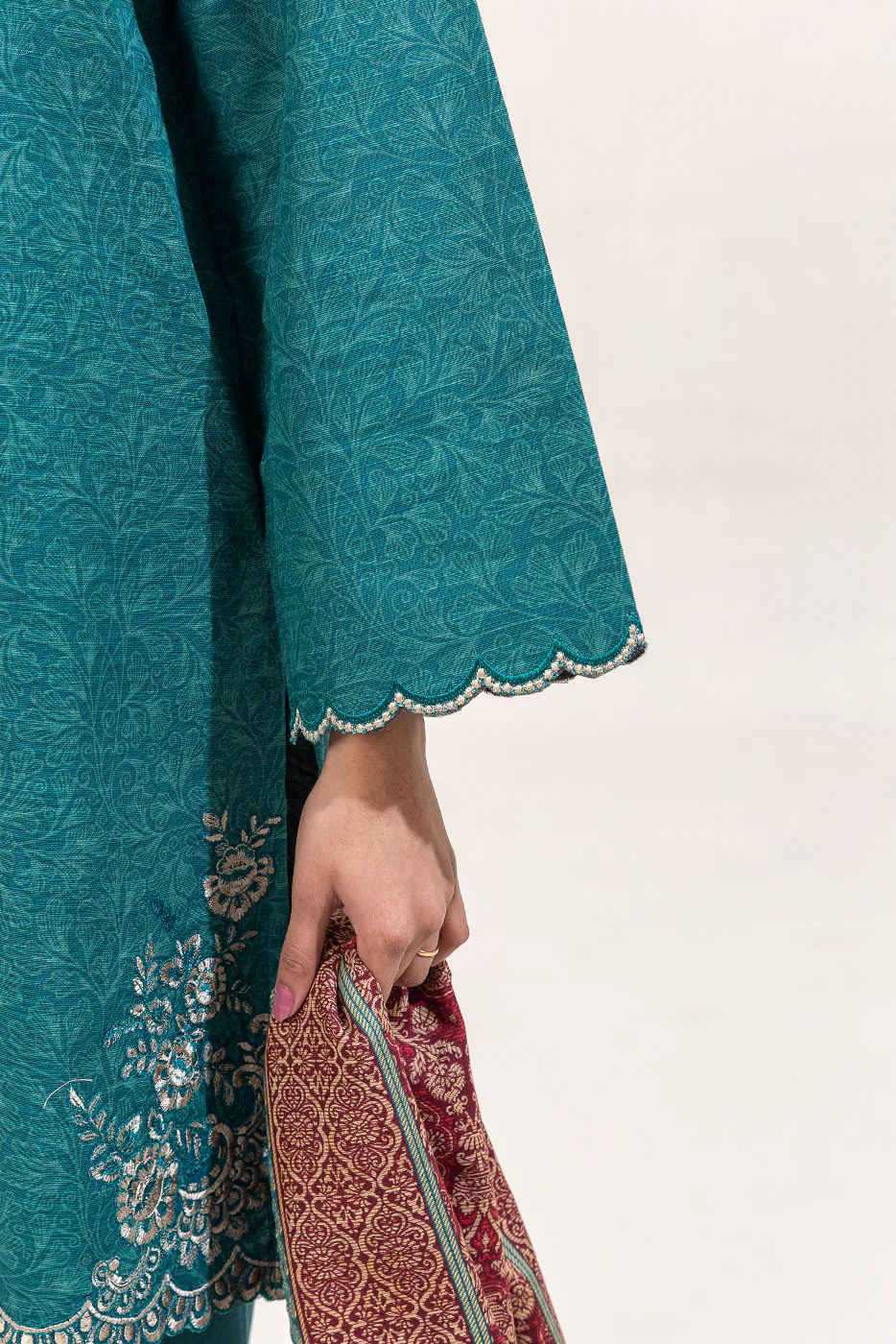 3 PIECE EMBROIDERED KHADDAR SUIT-TEAL MUSK (UNSTITCHED) - Image 6