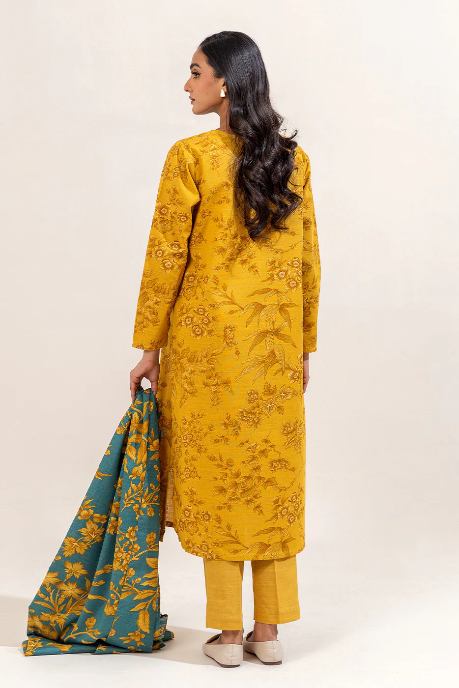 3 PIECE EMBROIDERED KHADDAR SUIT-MUSTARD SEED (UNSTITCHED) - Image 4