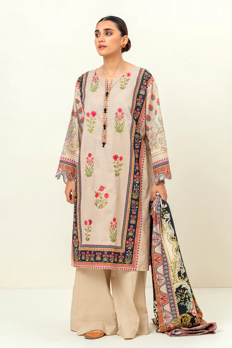 2 PIECE EMBROIDERED KHADDAR SUIT-ELEGANT IVORY (UNSTITCHED) - Image 2