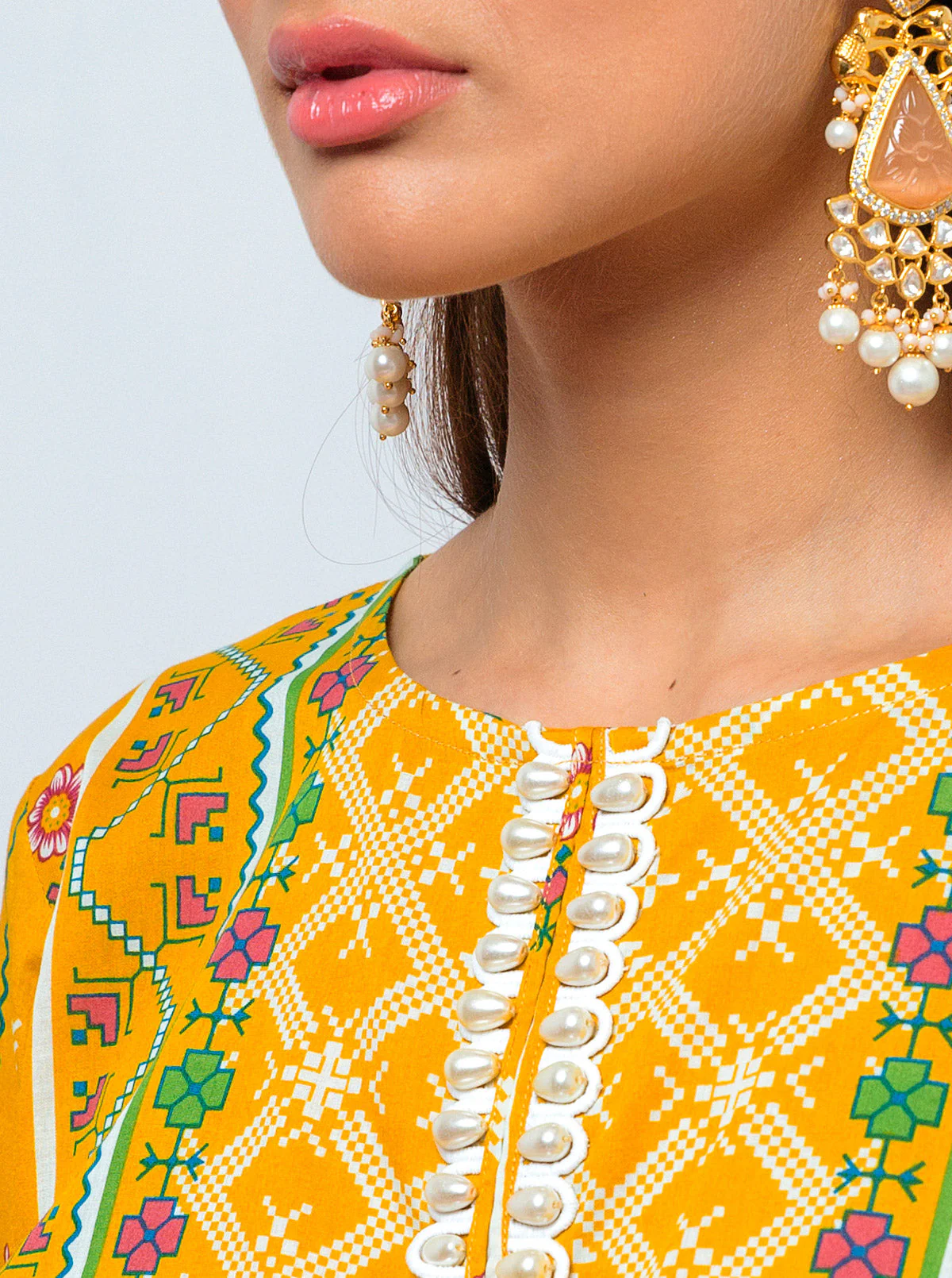 3 PIECE - PRINTED LAWN SUIT - MUSTARD FLORAL - Image 5