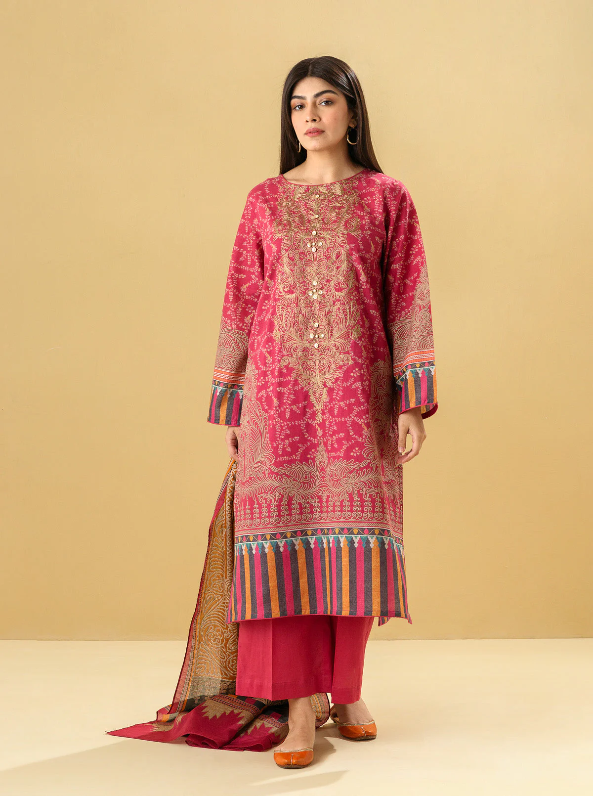 3 PIECE - EMBROIDERED LAWN SUIT - VIVID MAGENTA - Image 3