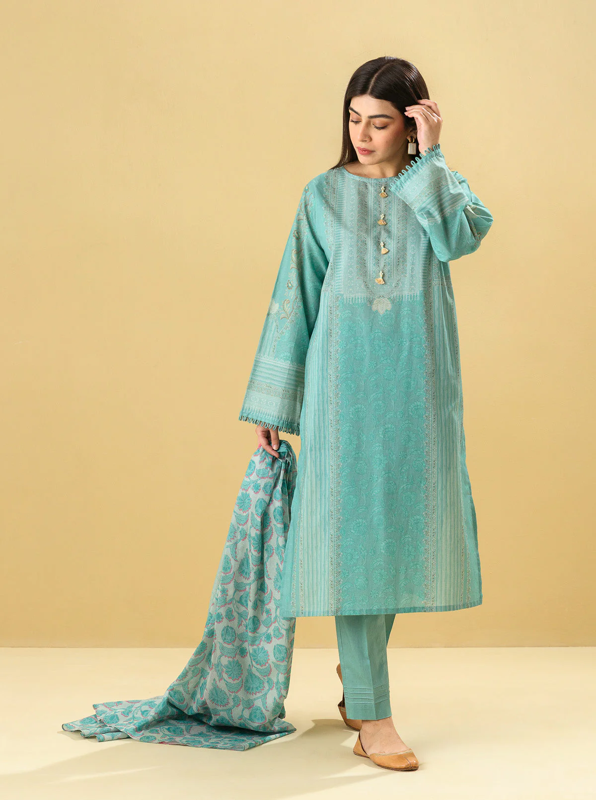 3 PIECE - PRINTED LAWN SUIT - AQUA HAZE - Image 3