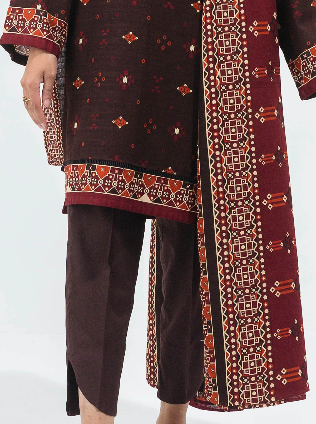 3 PIECE - PRINTED KHADDAR SUIT - DUSKY BROWN - Image 2