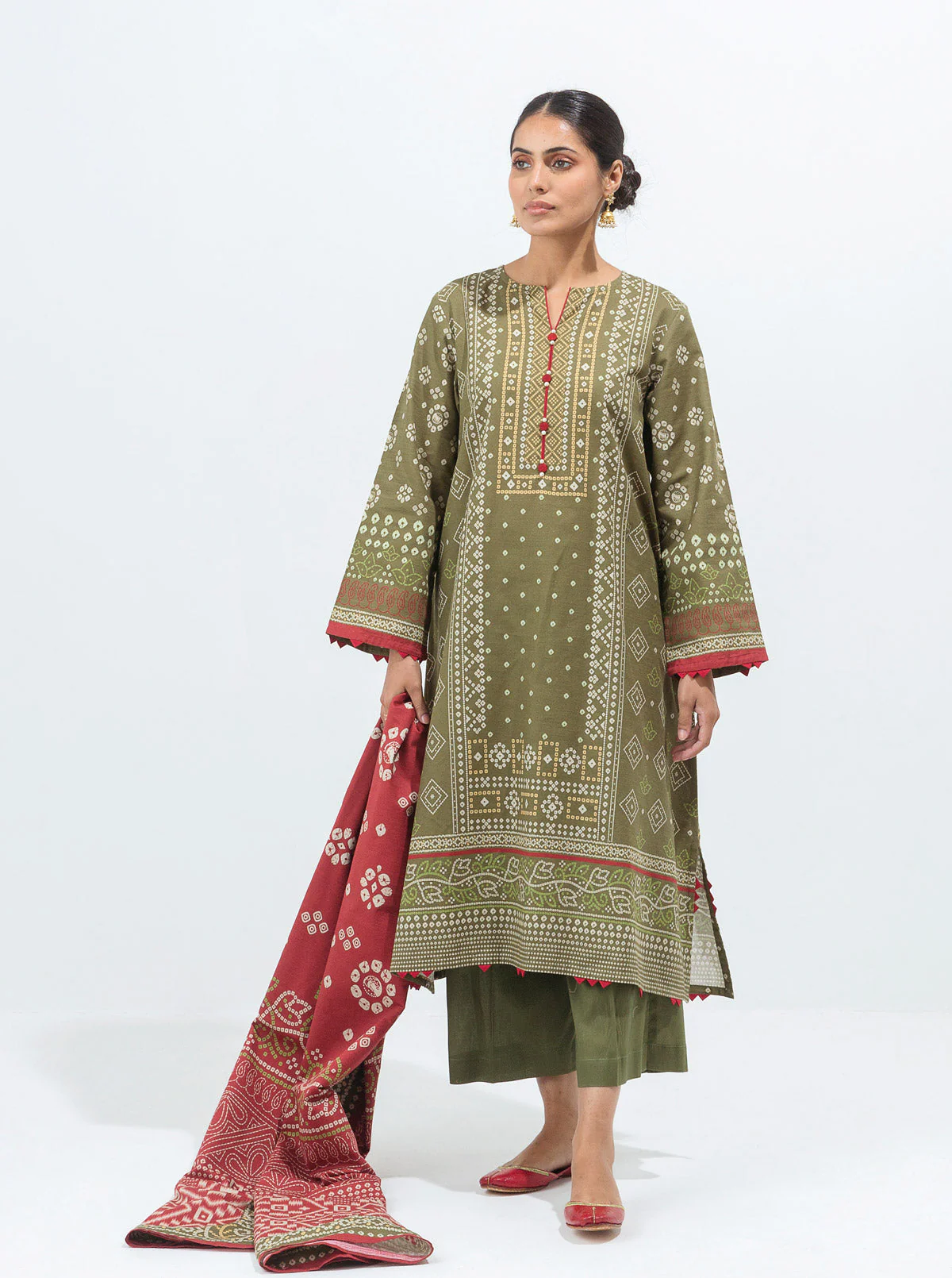 3 PIECE - PRINTED KHADDAR SUIT - OLIVE OPAL - Image 4