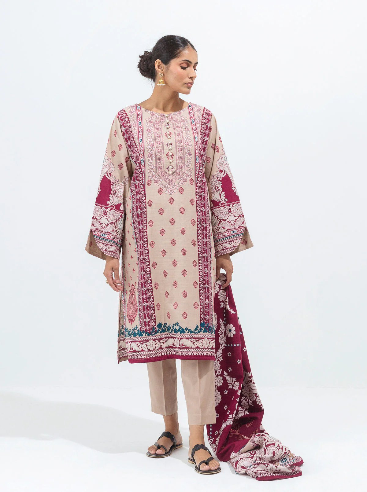 3 PIECE - PRINTED KHADDAR SUIT - ANTIQUE PEARL - Image 3