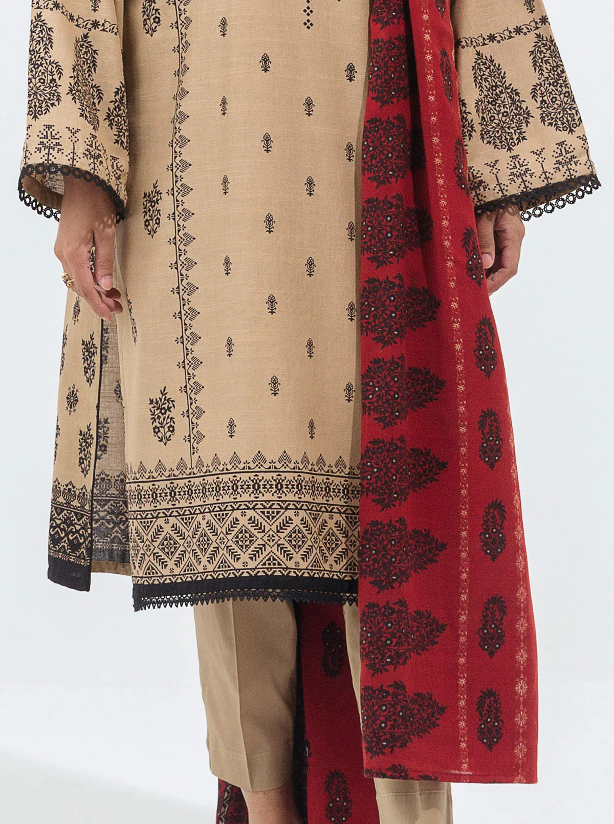 3 PIECE - PRINTED WITH SHAWL KHADDAR SUIT - DUST DEW - Image 2