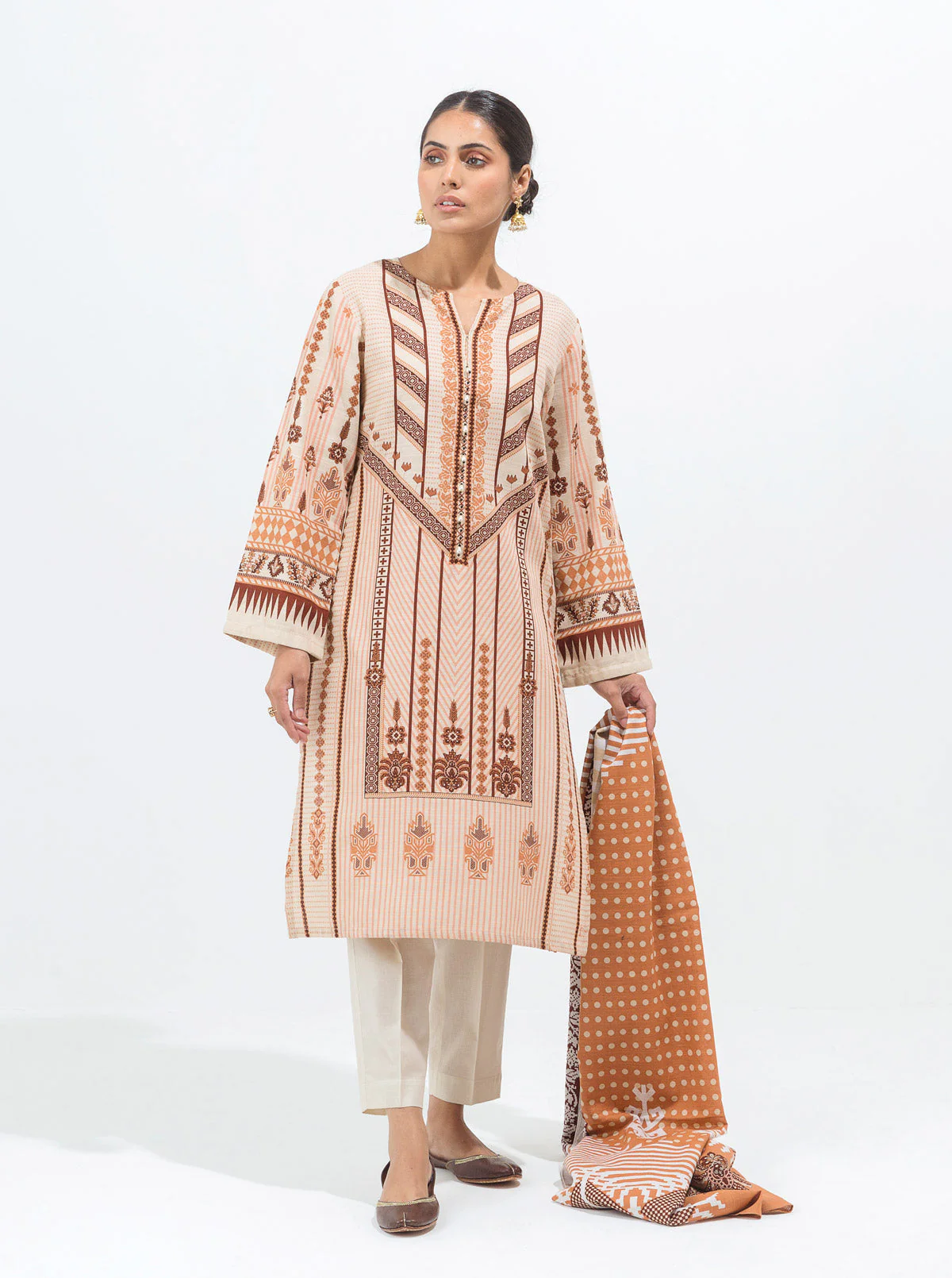 3 PIECE - PRINTED KHADDAR SUIT - HAZEL BEIGE - Image 3