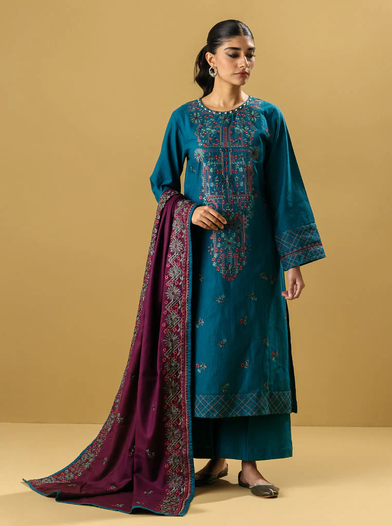 3 PIECE - EMBROIDERED KHADDAR SUIT - MALACHITE TEAL - Image 2